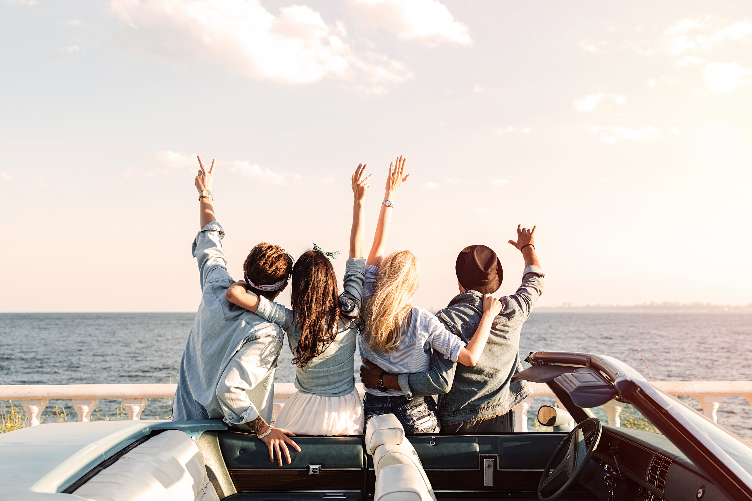 shutterstock_531881617 People cheering next to a car.